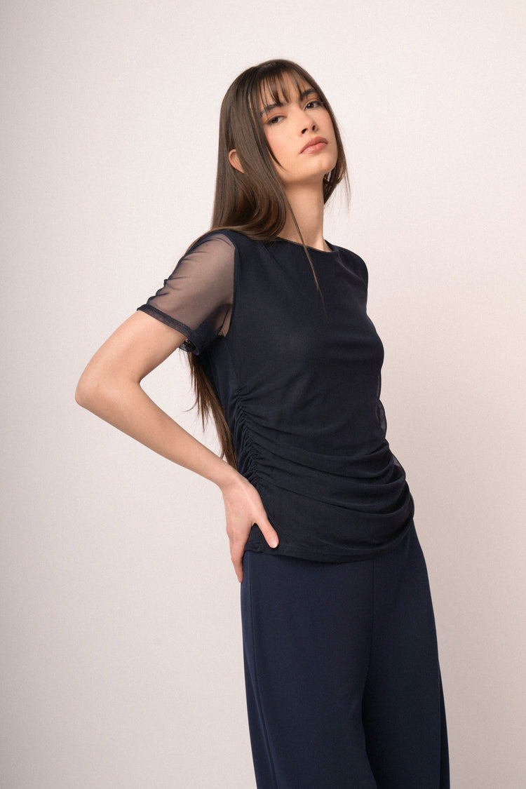 T-shirt a doppio strato in tulle blu scuro