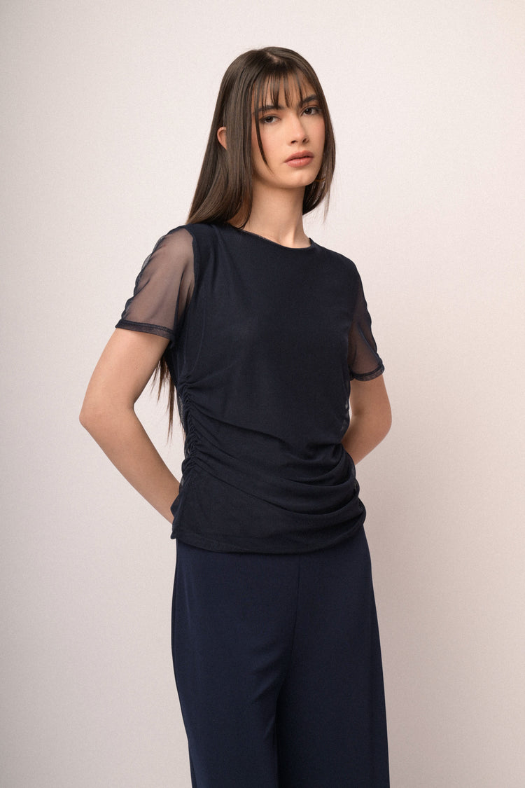 T-shirt a doppio strato in tulle blu scuro