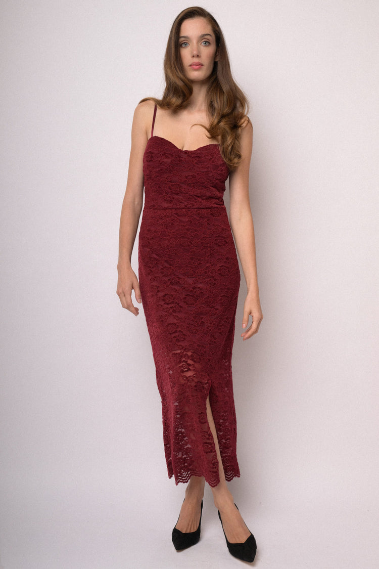 Abito midi in pizzo cinigliato bordeaux