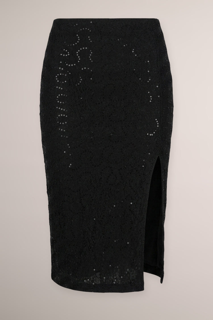 Gonna a tubino in jacquard nero con paillettes