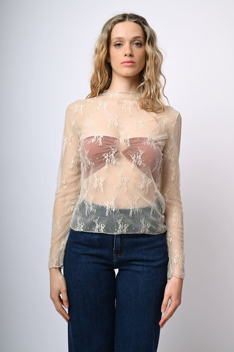 Top in tulle con ricami e scollo a cratere