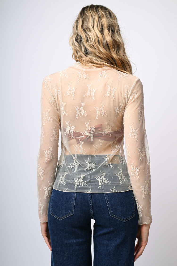 Top in tulle con ricami e scollo a cratere