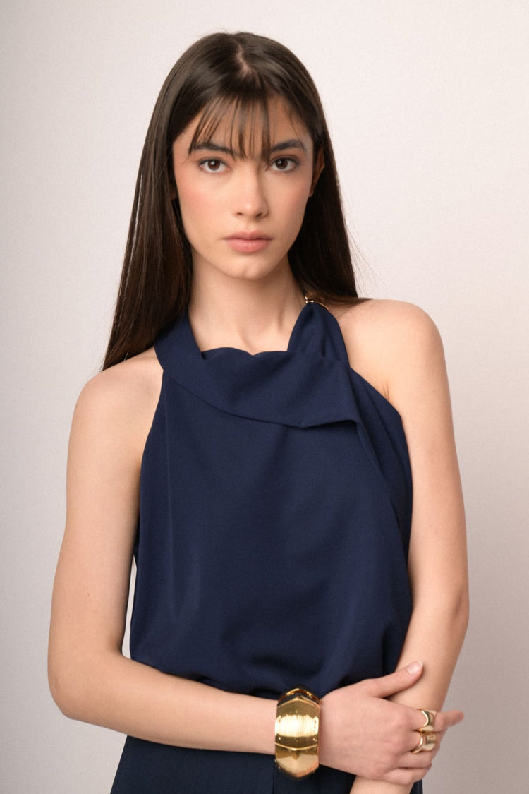 Top all'americana blu con fibbia oro