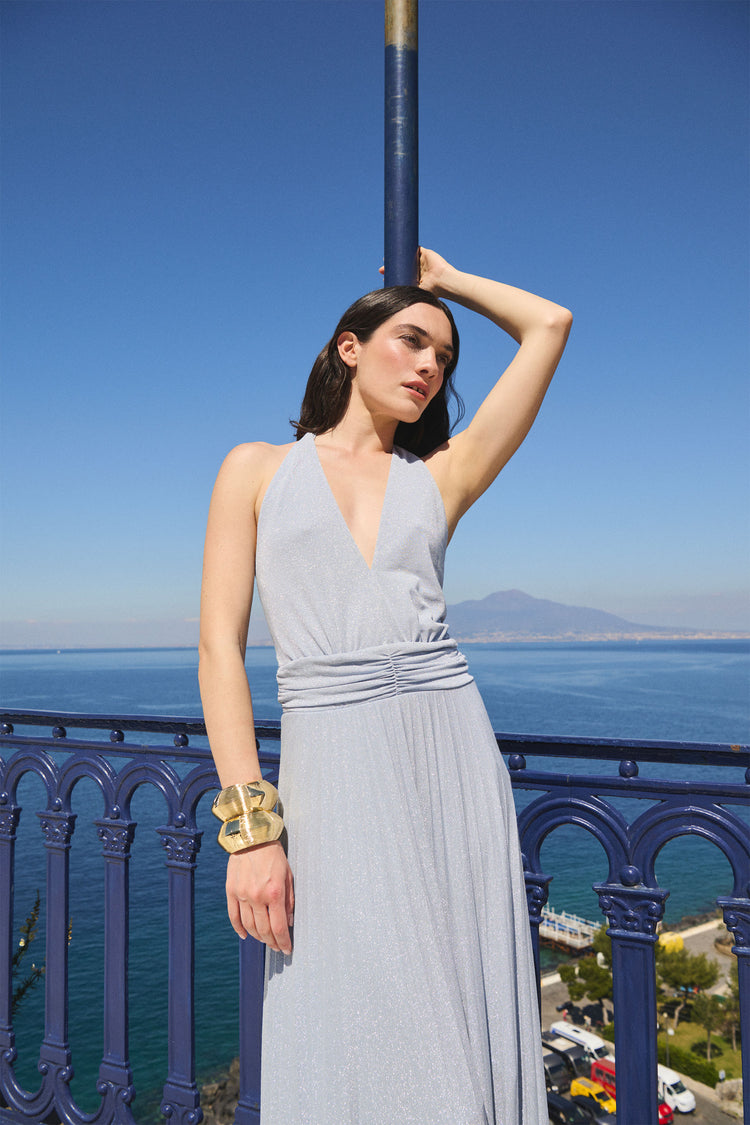Abito lungo in maglia plissé lurex celeste
