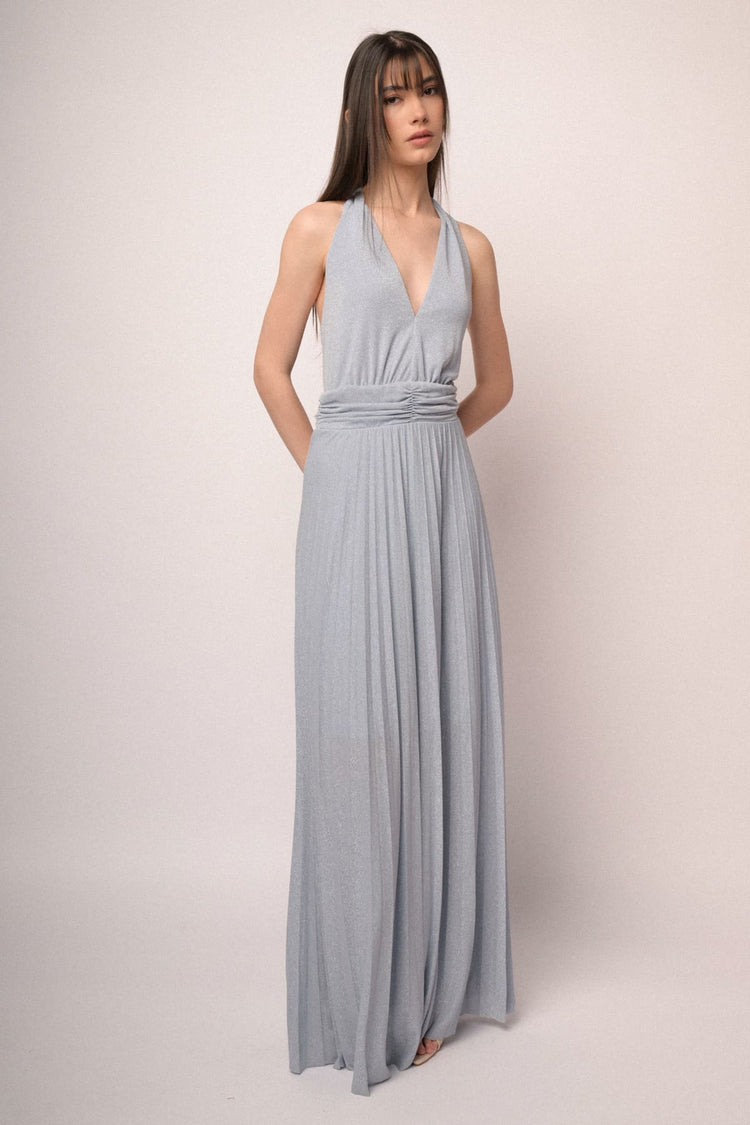 Abito lungo in maglia plissé lurex celeste