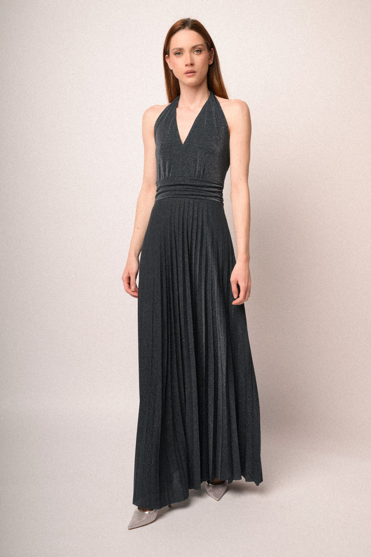 Abito lungo in maglia plissé lurex blu notte