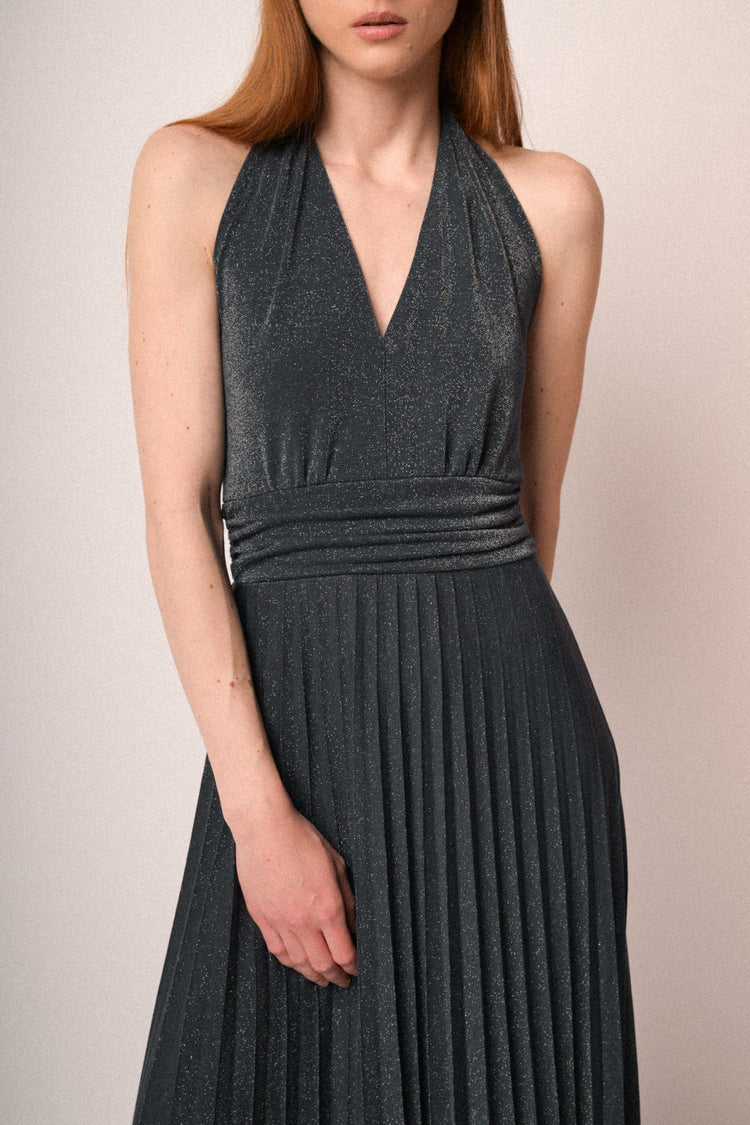 Abito lungo in maglia plissé lurex blu notte
