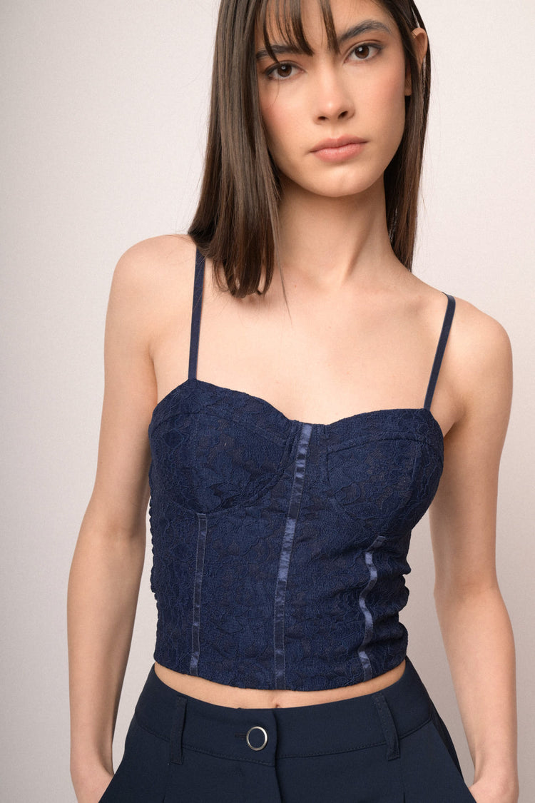 Top a bustier in pizzo blu