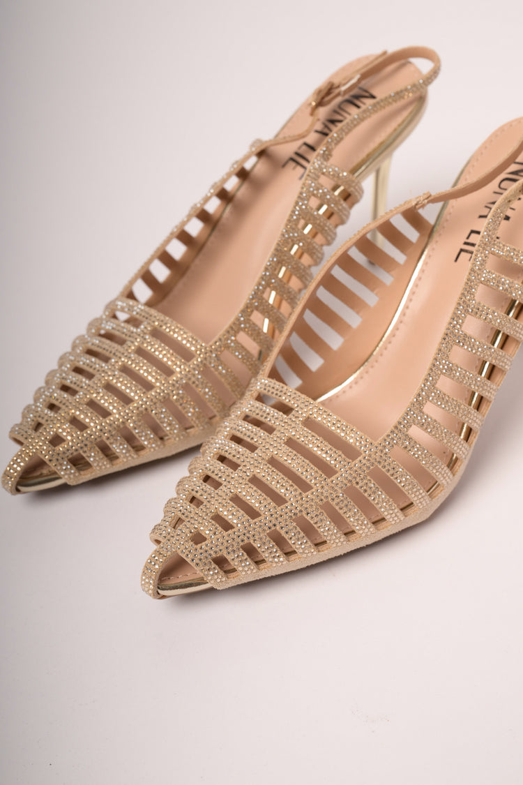 Slingback a punta con cut-outs e strass oro