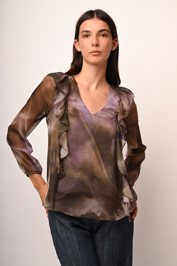 Blusa a stampa astratta con volants