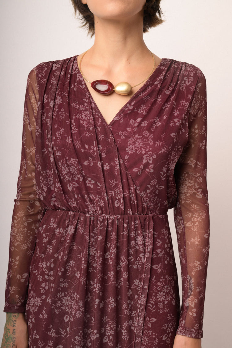 Abito midi in tulle bordeaux a stampa floreale
