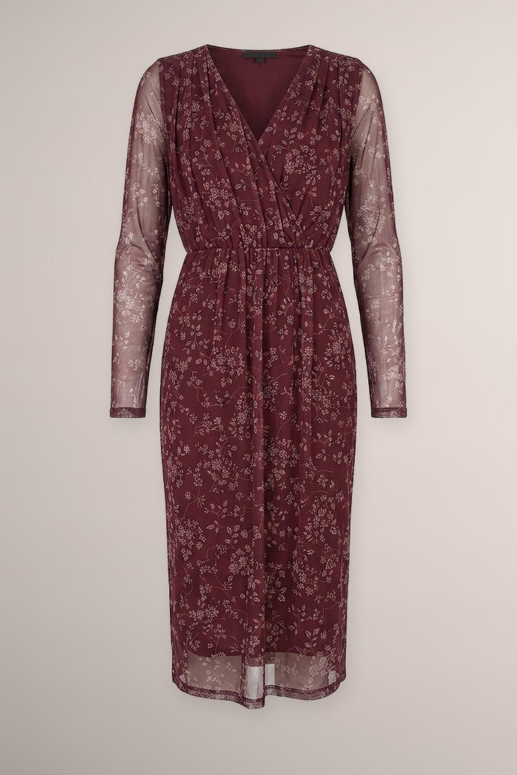 Abito midi in tulle bordeaux a stampa floreale