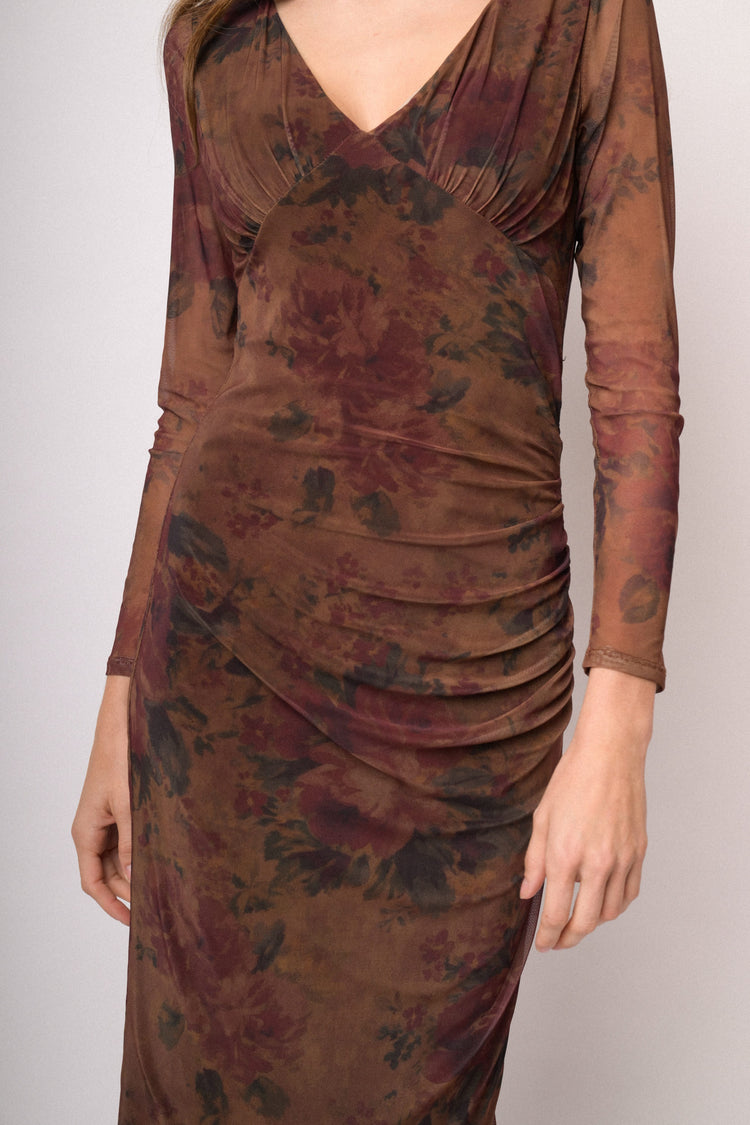 Abito midi in tulle stampato marrone e bordeaux