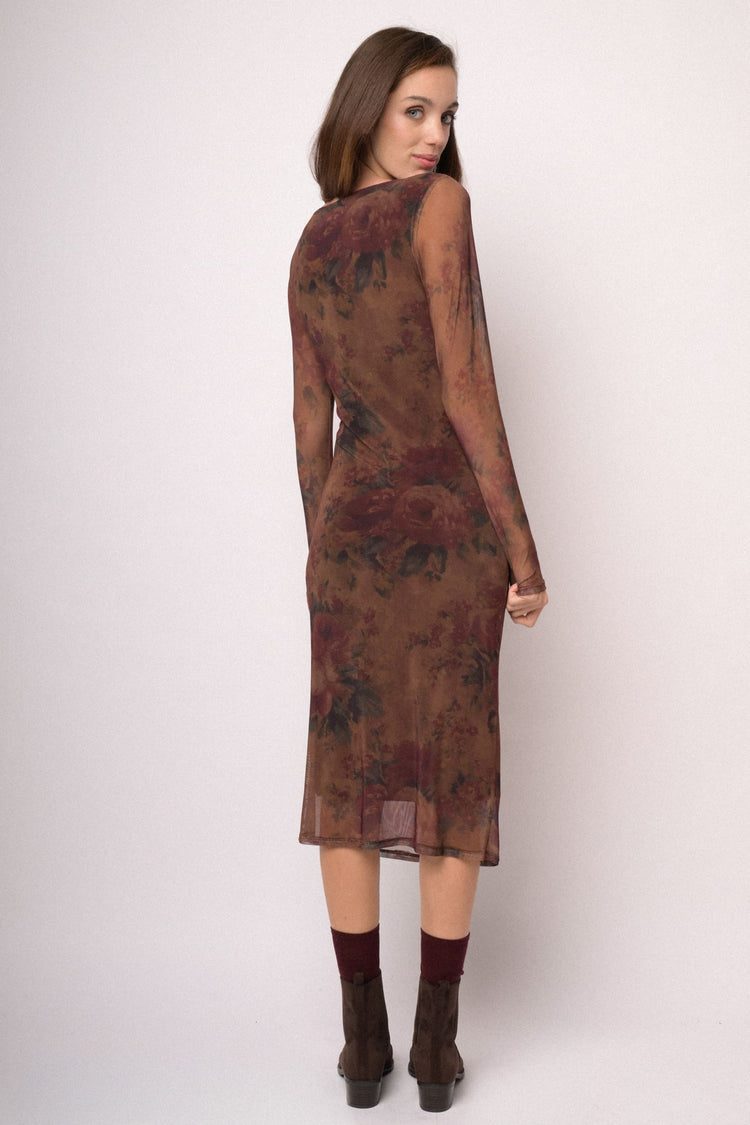 Abito midi in tulle stampato marrone e bordeaux