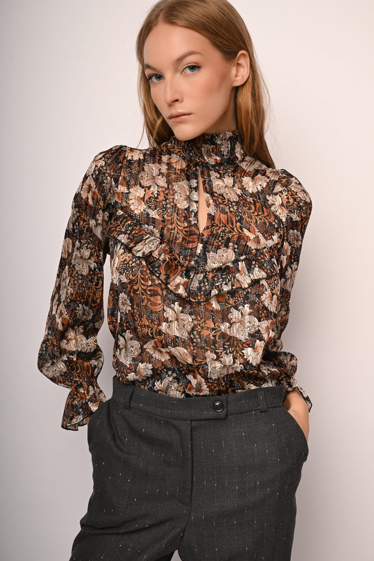 Blusa a stampa floreale con rouches