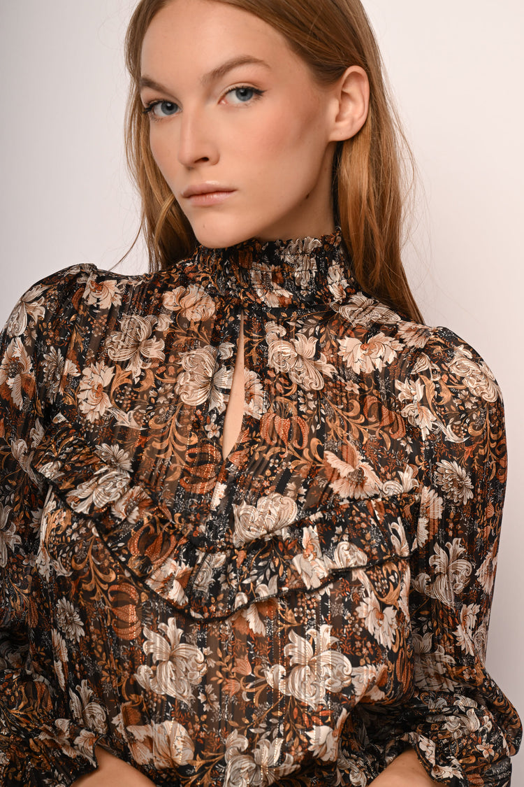 Blusa a stampa floreale con rouches