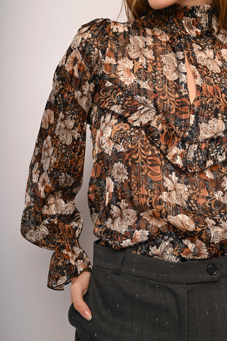 Blusa a stampa floreale con rouches