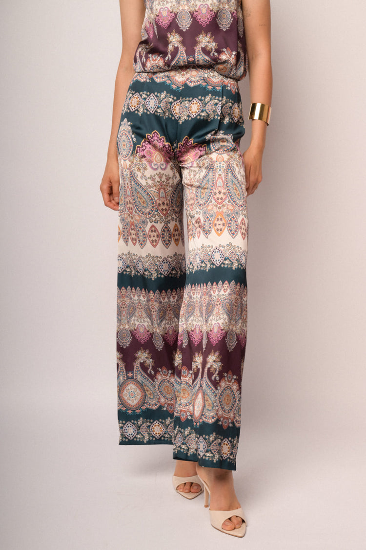 Pantaloni palazzo morbidi con stampa paisley multicolor