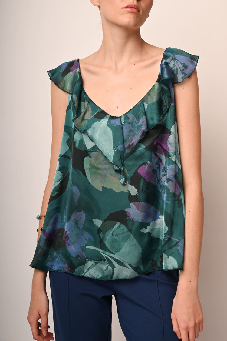 Top a stampa floreale con volants