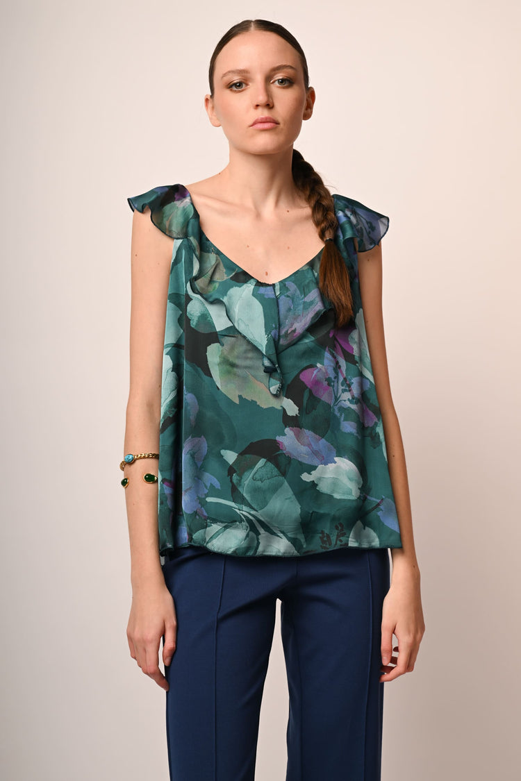 Top a stampa floreale con volants