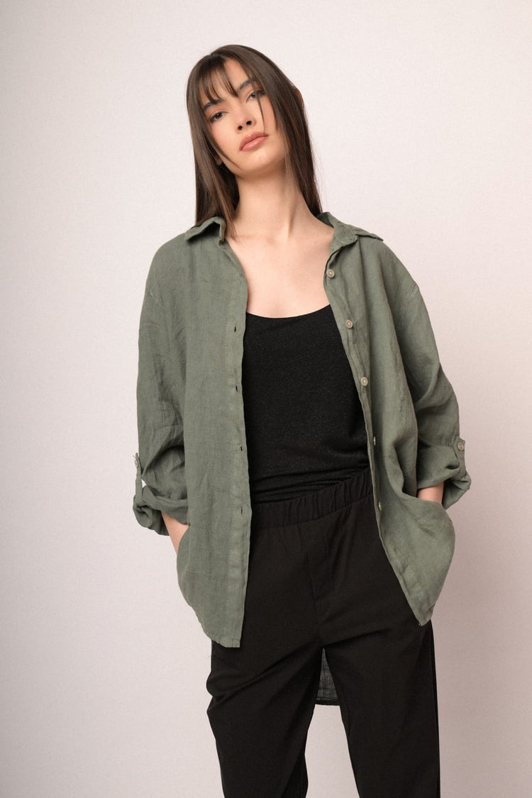 Camicia oversize in lino verde