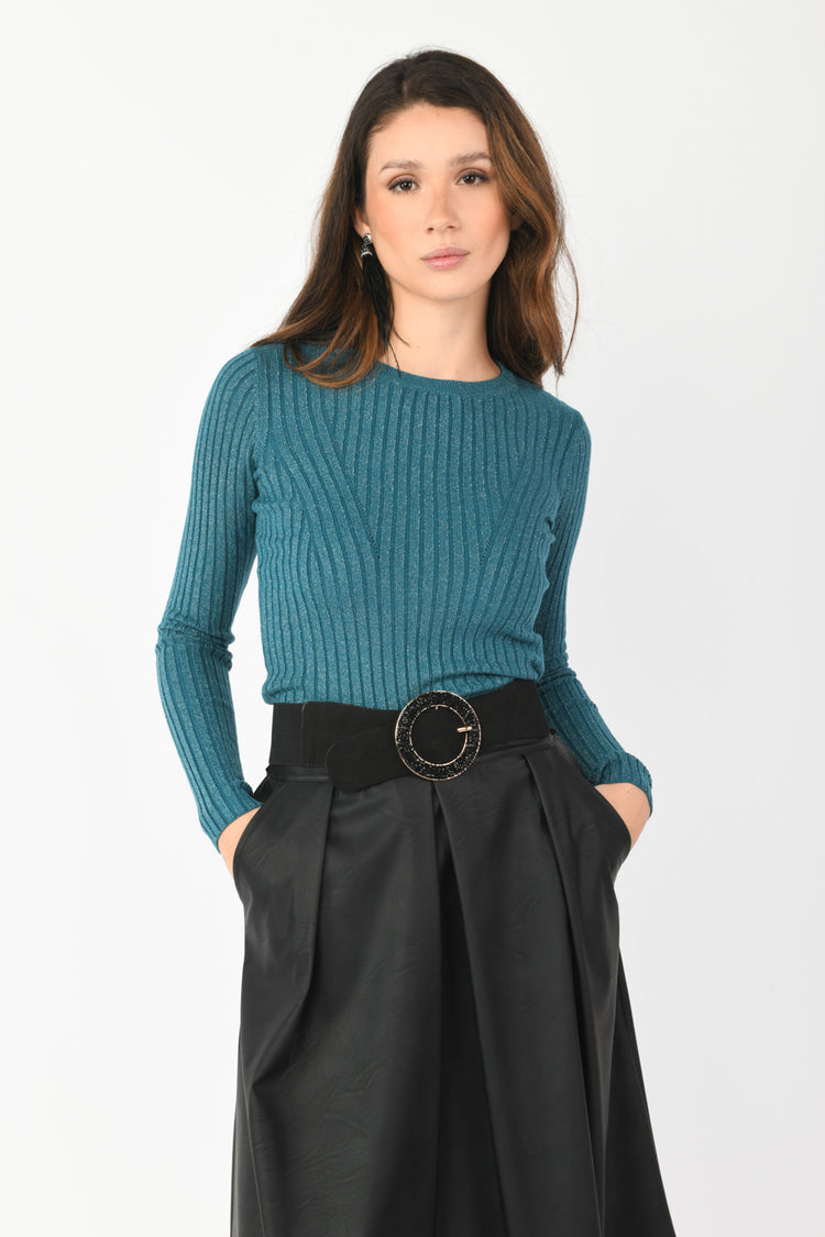 Pull crop in maglia lurex a costine