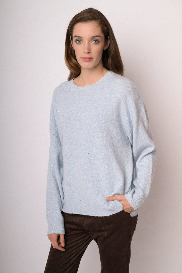 Maglia over con paillettes azzurra polvere