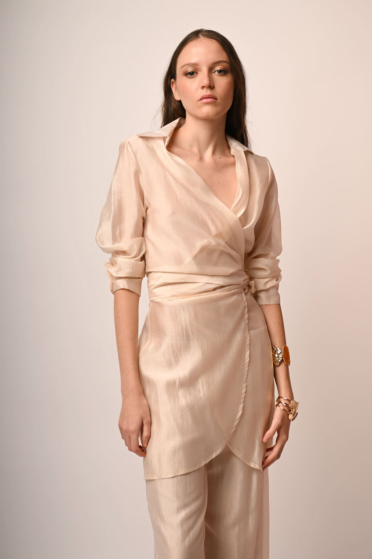 Blusa lunga in mussola a portafoglio