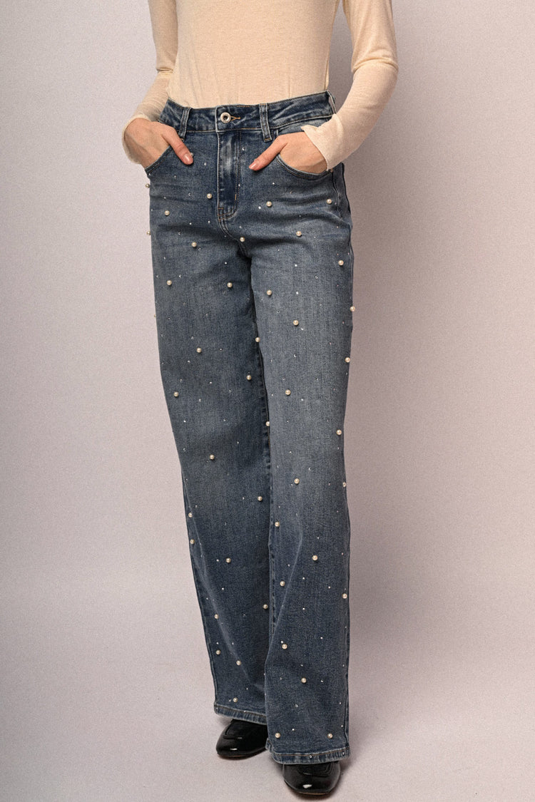 Jeans wide-leg con perle e strass