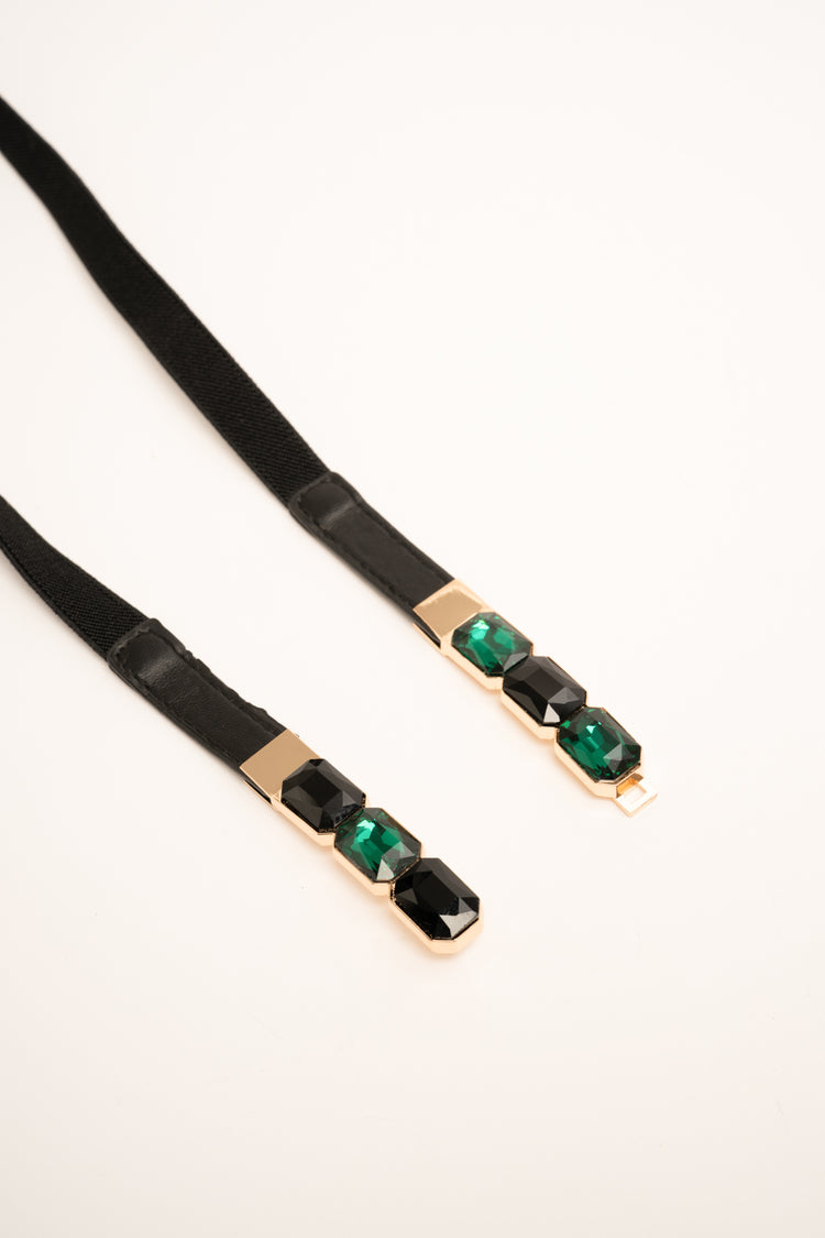 Cintura sottile elastica nera con pietre decorative verdi