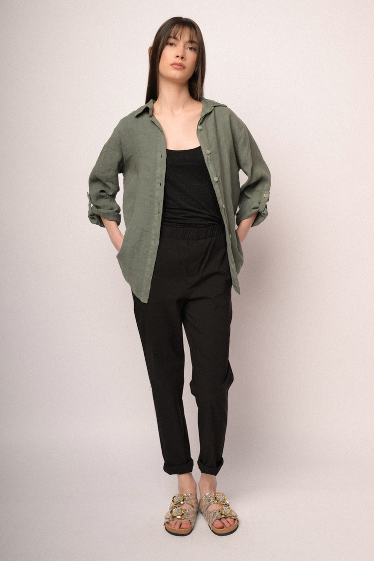 Pantaloni baggy con risvolto misto viscosa nero