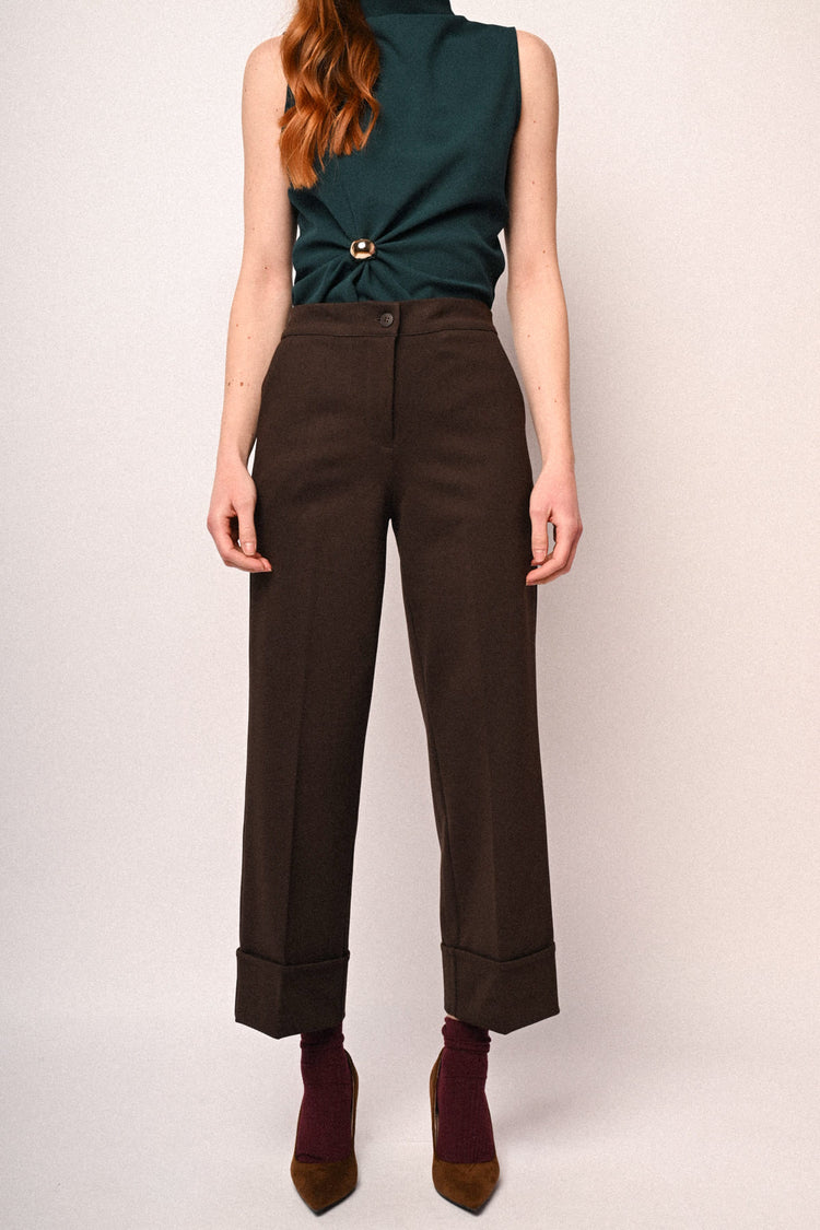 Pantaloni palazzo con risvolto testa di moro