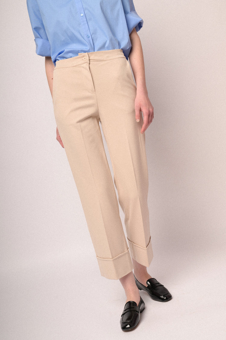 Pantaloni a gamba dritta con risvolto misto viscosa beige