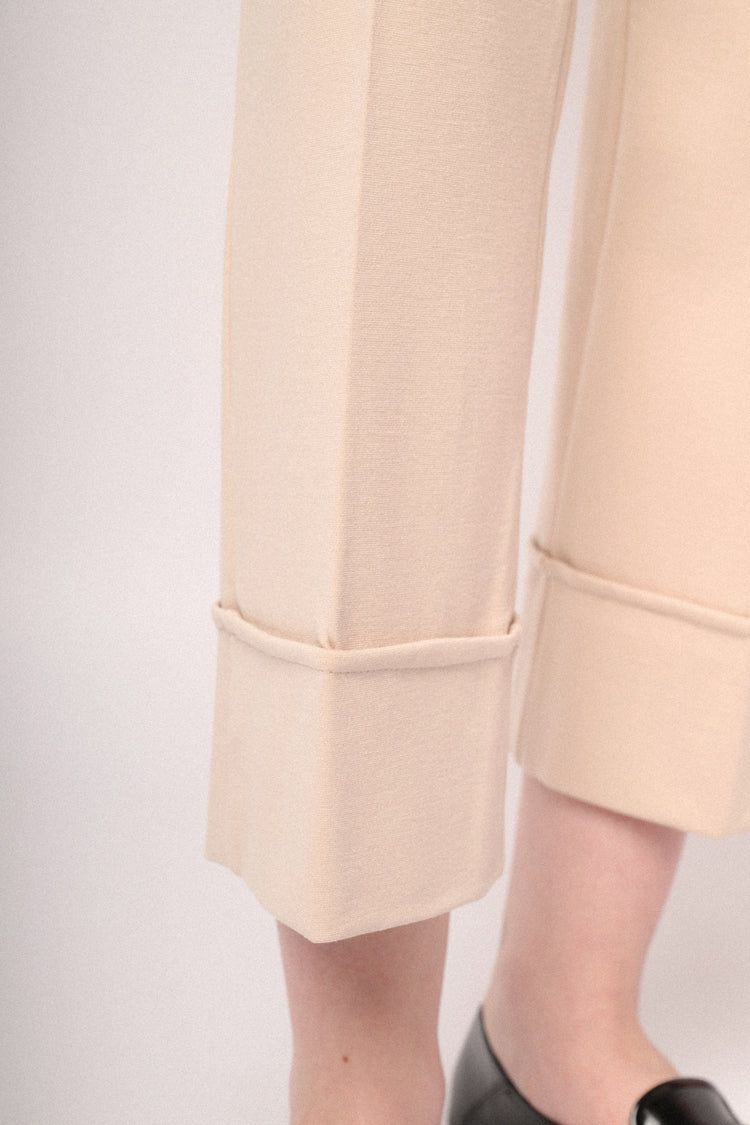 Pantaloni a gamba dritta con risvolto misto viscosa beige