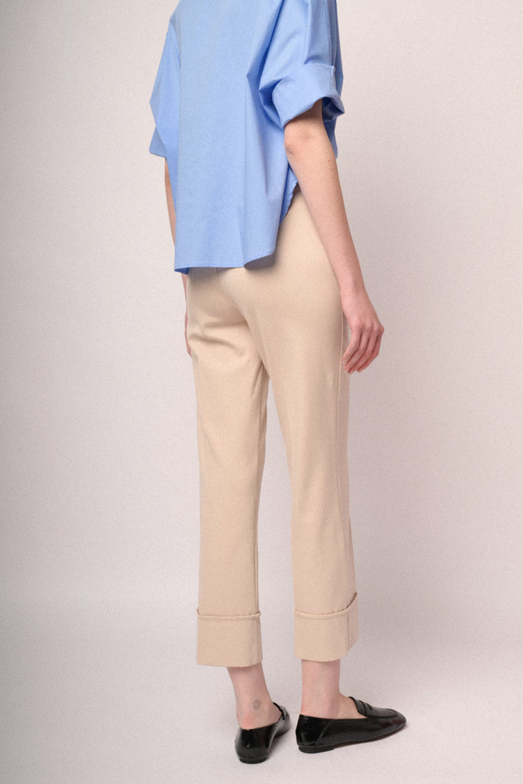 Pantaloni a gamba dritta con risvolto misto viscosa beige