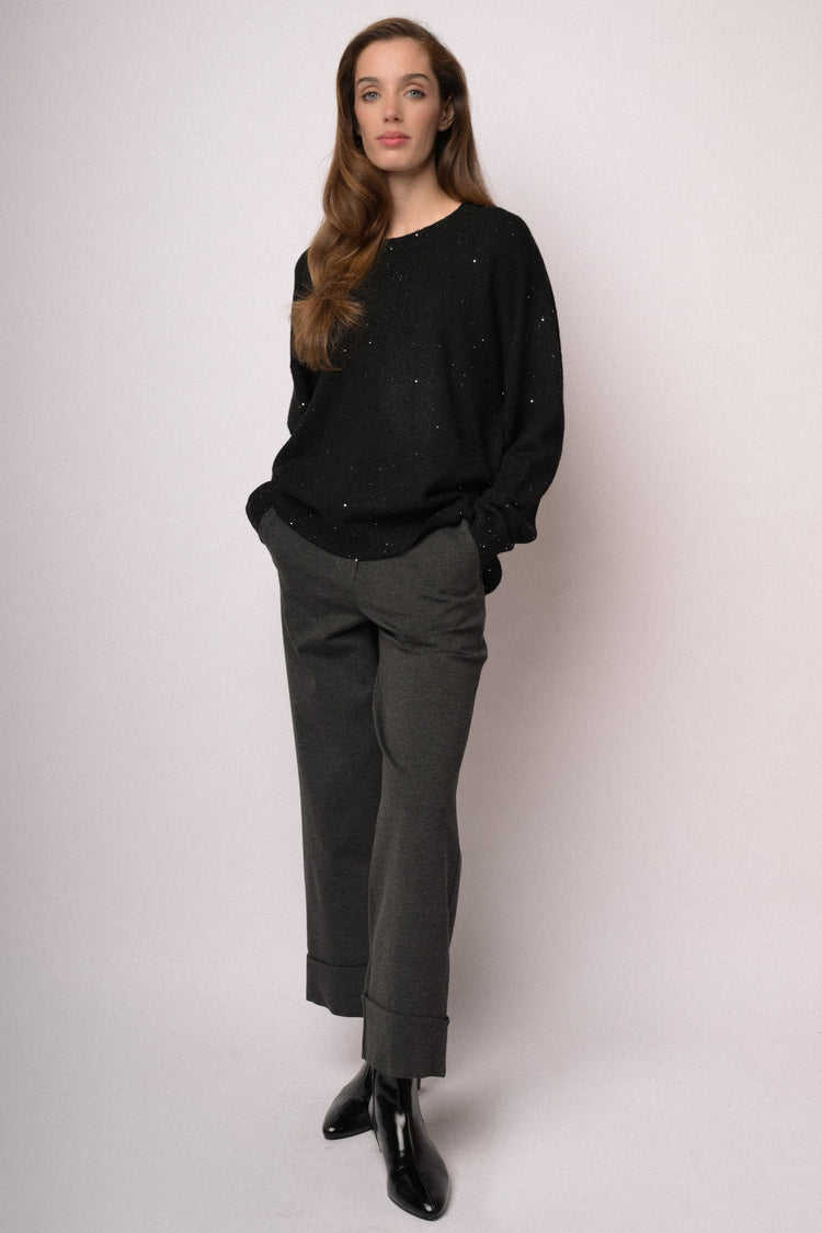 Pantaloni palazzo cropped grigi antracite con risvolto