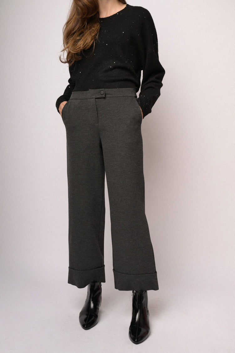 Pantaloni palazzo cropped grigi antracite con risvolto