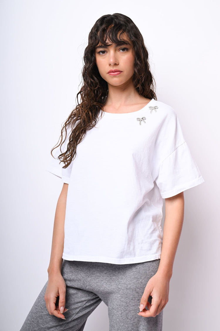 T shirt con fiocchi in strass