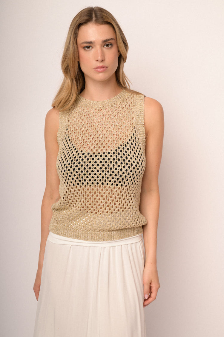 Top in maglia traforata lurex oro