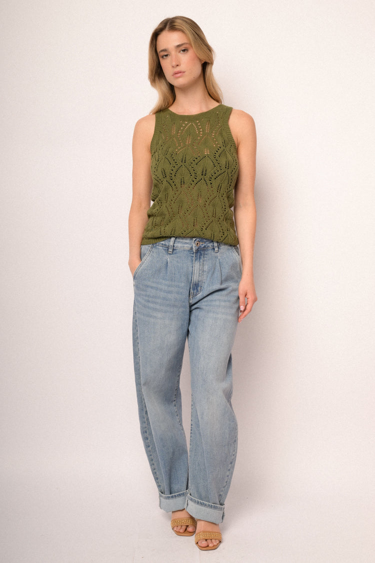 Top in maglia crochet verde oliva