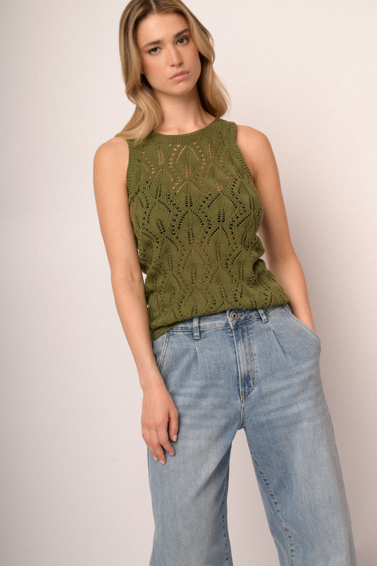 Top in maglia crochet verde oliva
