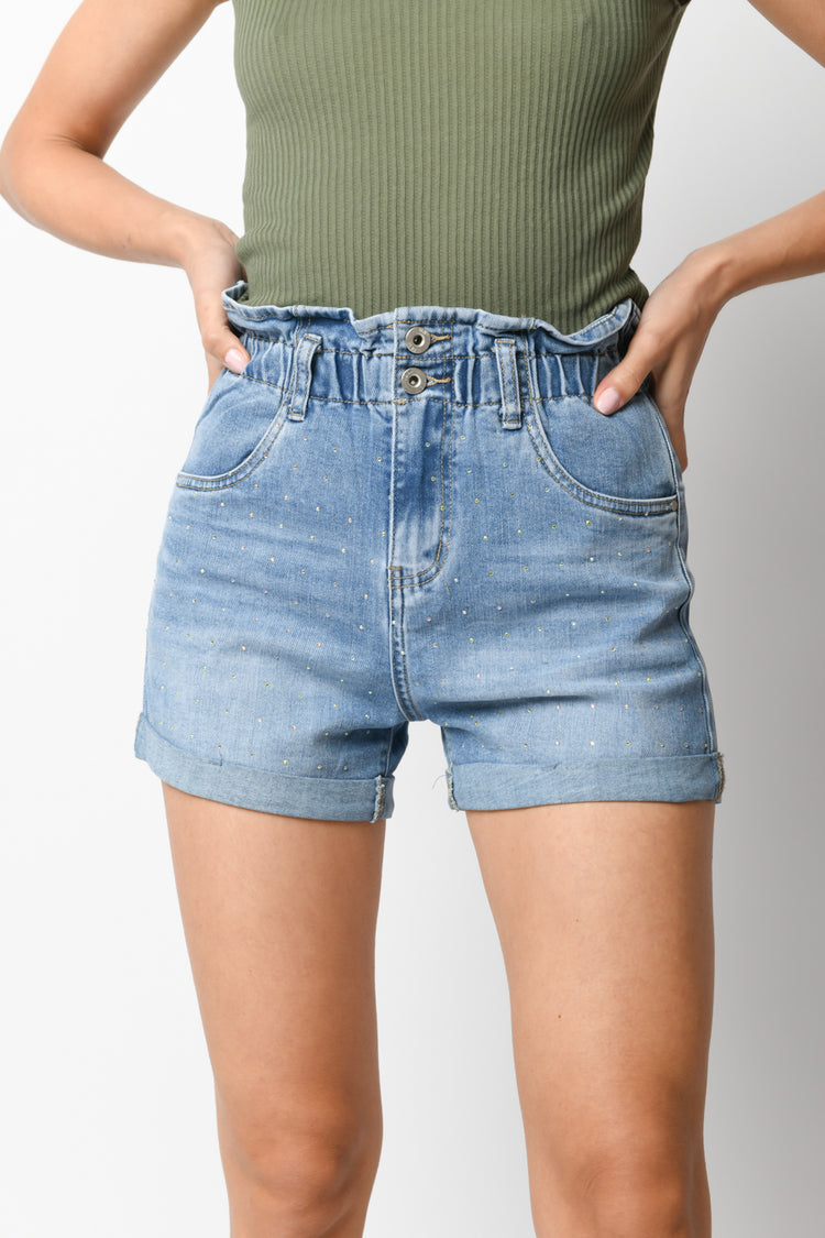 Shorts in denim con strass