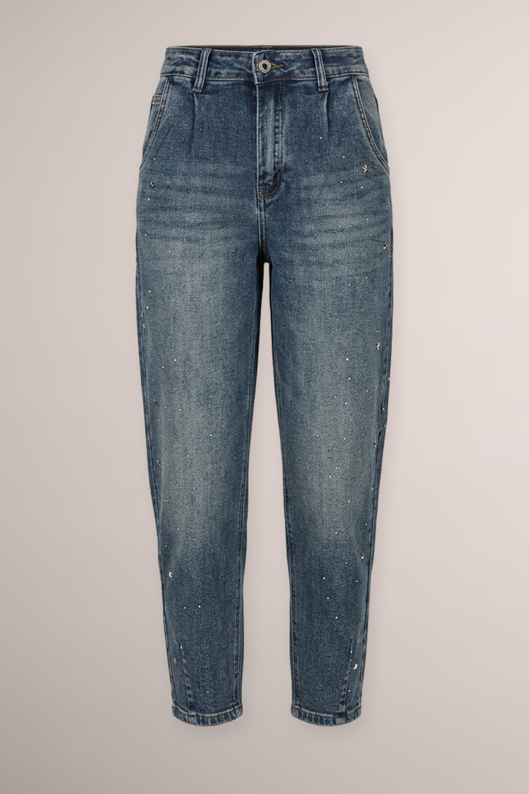 Jeans barrel in denim blu con stelle decorative