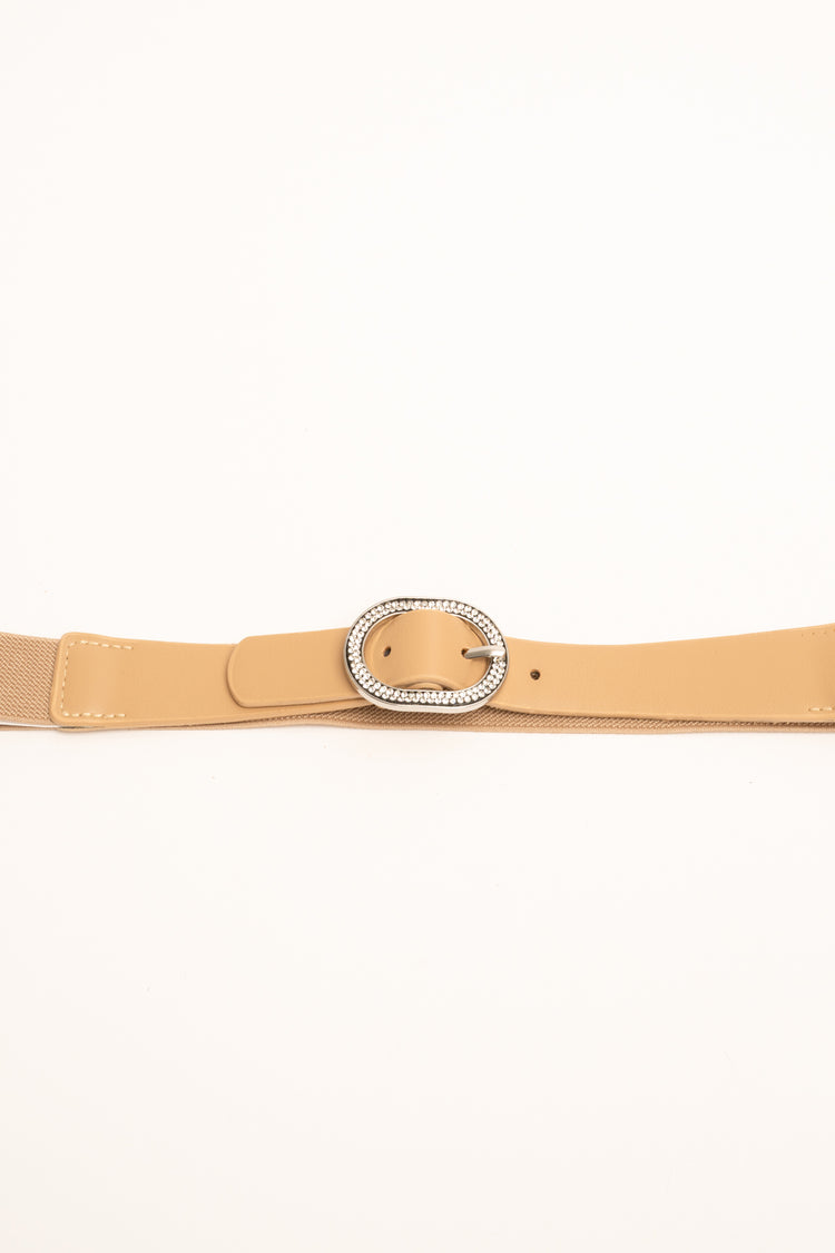 Cintura elastica beige con fibbia in strass