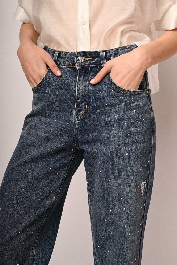 Jeans wide-leg con cuori & strass
