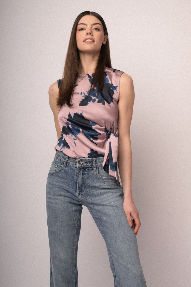Jeans wide-leg azzurri con decorazione strass