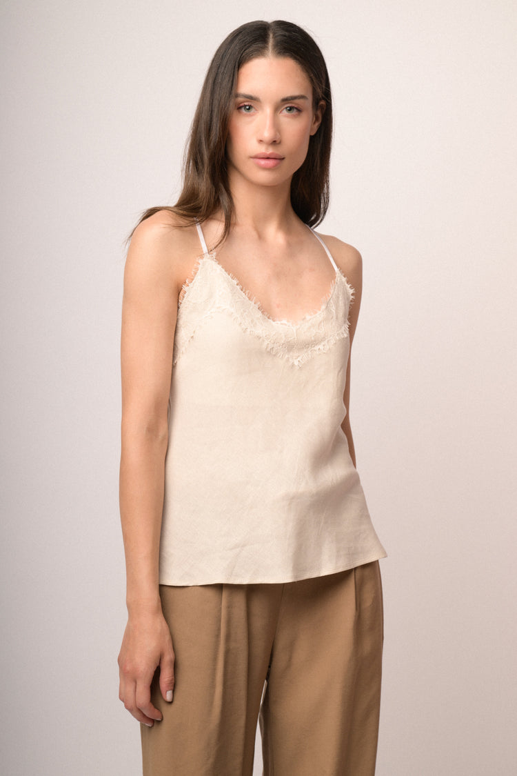 Top con pizzo misto lino