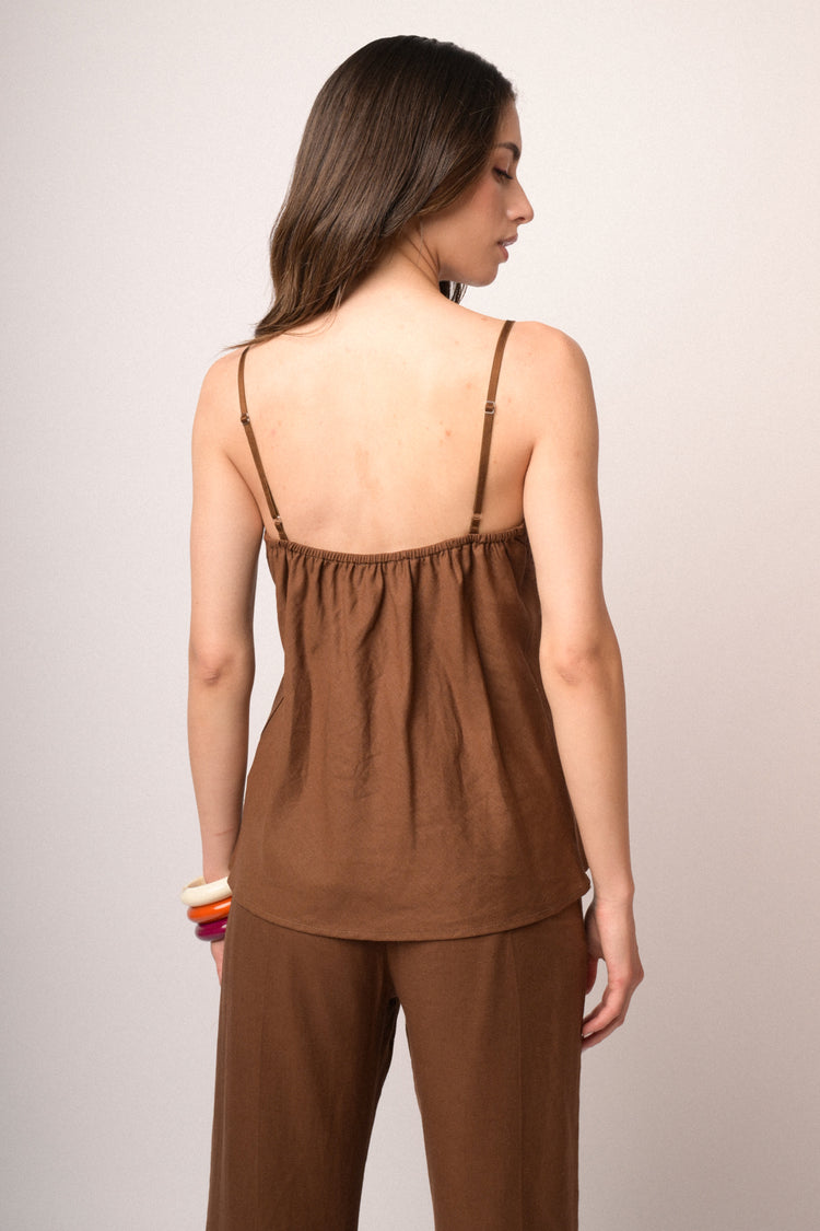Top con pizzo misto lino cioccolato