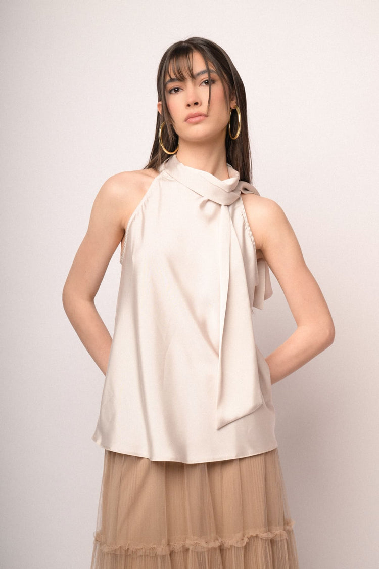 Top in raso con fiocco al collo bianco