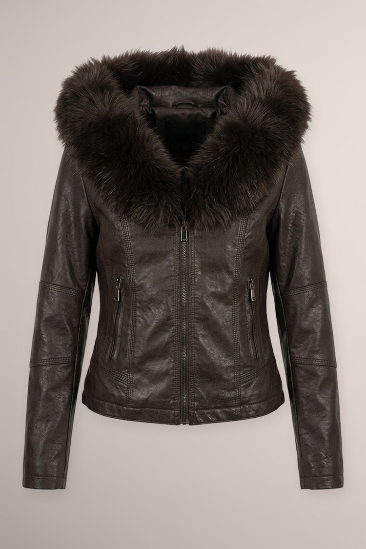 Giacca in similpelle ebano con cappuccio bordato in faux fur